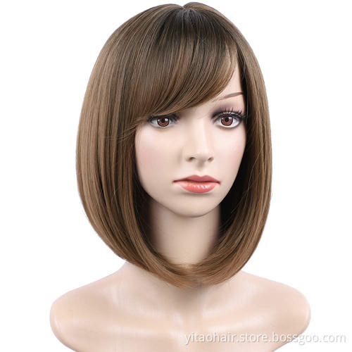 Anogol Cheap colorful  Synthetic hair Bob Wigs With Bangs  copper Brown   silk straight synthetic hair  wigs